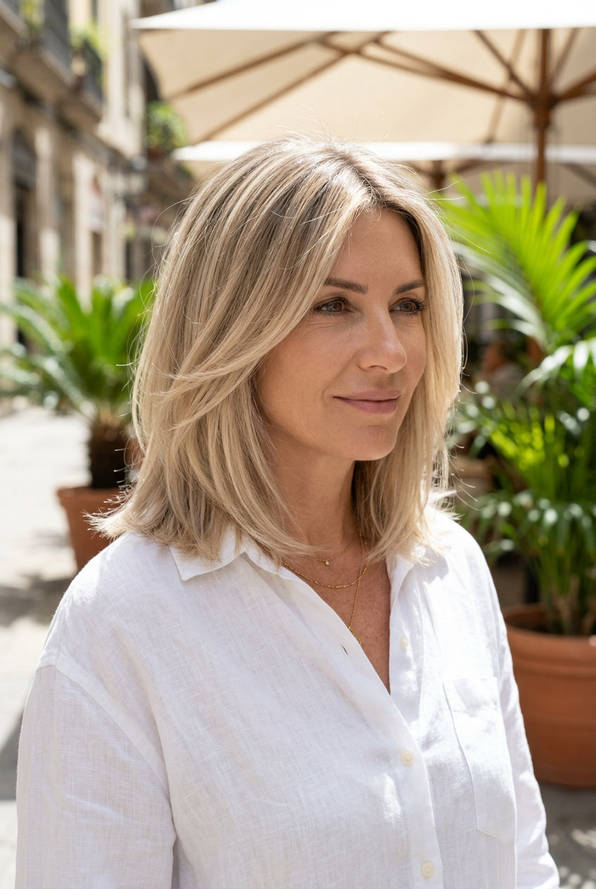collarbone-length haircut in cool beige blonde with pearl babylights and ash brown root, invisible internal layers, soft diffused ends — effortless soft