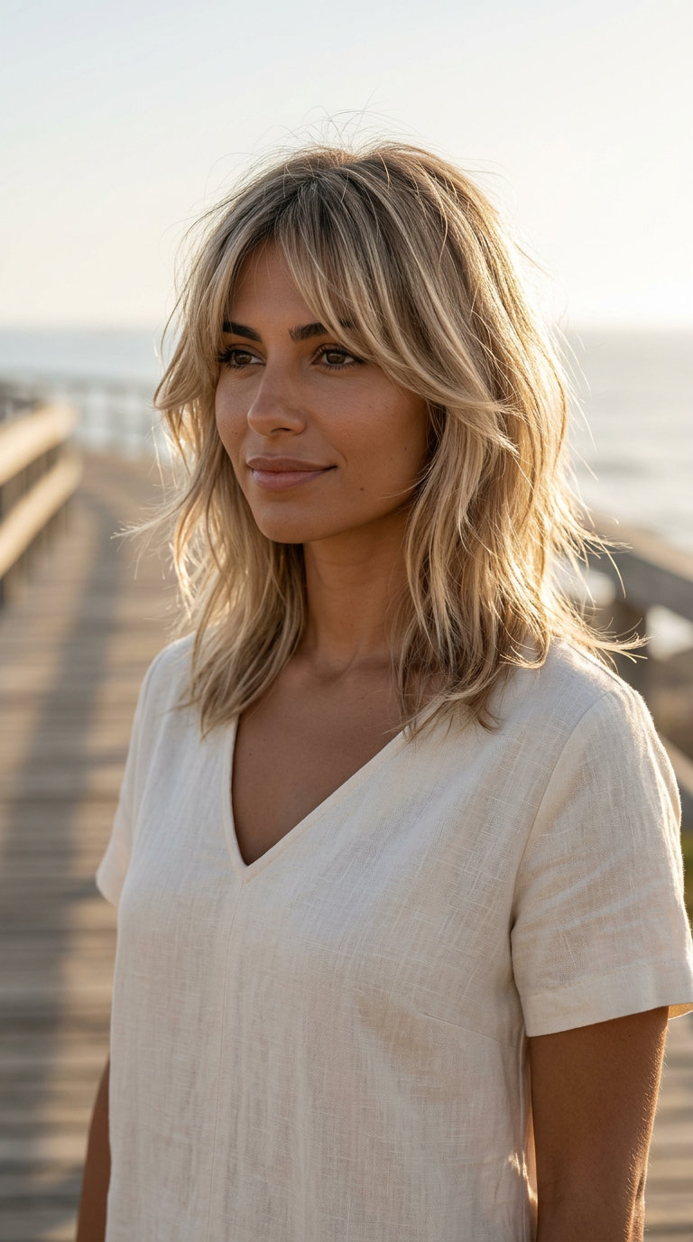 medium wolf cut in sun-kissed beige blonde with babylights, airy ghost layers, wispy fringe — playful beach vacation