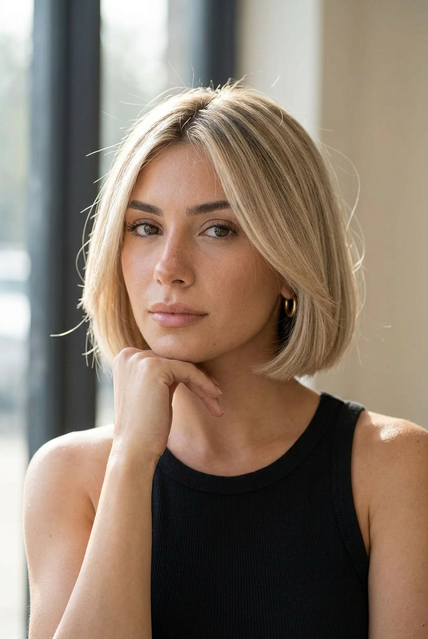very short beige blonde italian bob with micro-highlights, natural root, no fringe — sophisticated professional