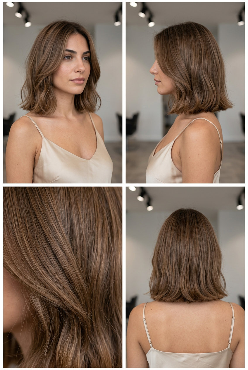 Beige Brown Midi Bob Haircut 2026 medium blunt haircut with soft beige brown & caramel undertones, subtle face-framing layers, no bangs β romantic chic