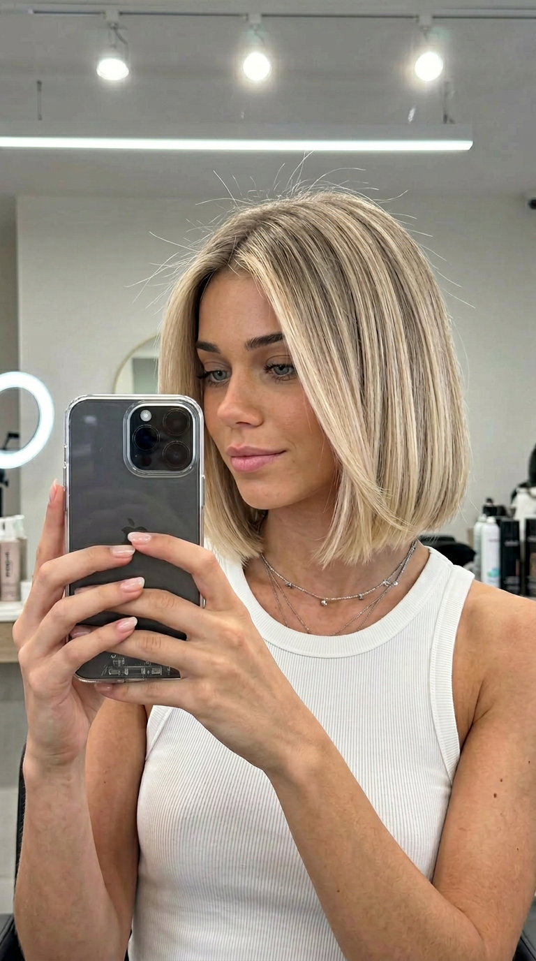 chin-length beige blonde blunt bob ombre with sandy root for effortless chic
