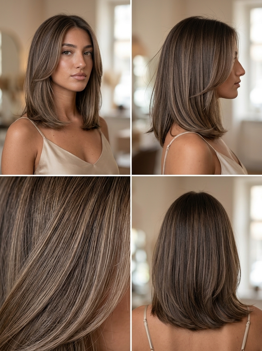 long neutral beige brown balayage with soft walnut highlights, seamless blending for sophisticated, natural look