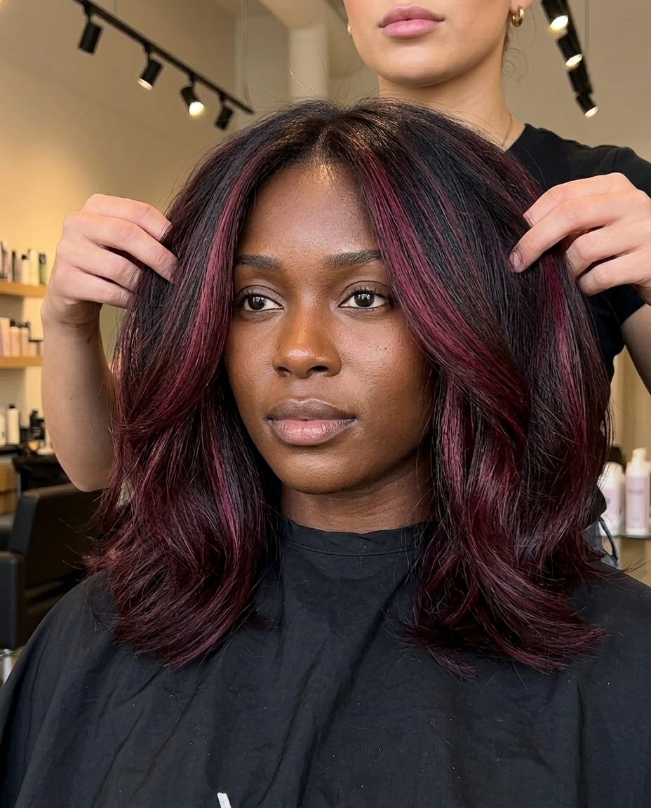 long layered highlights with berry burgundy color, foilyage technique, no fringe — playful vibrant