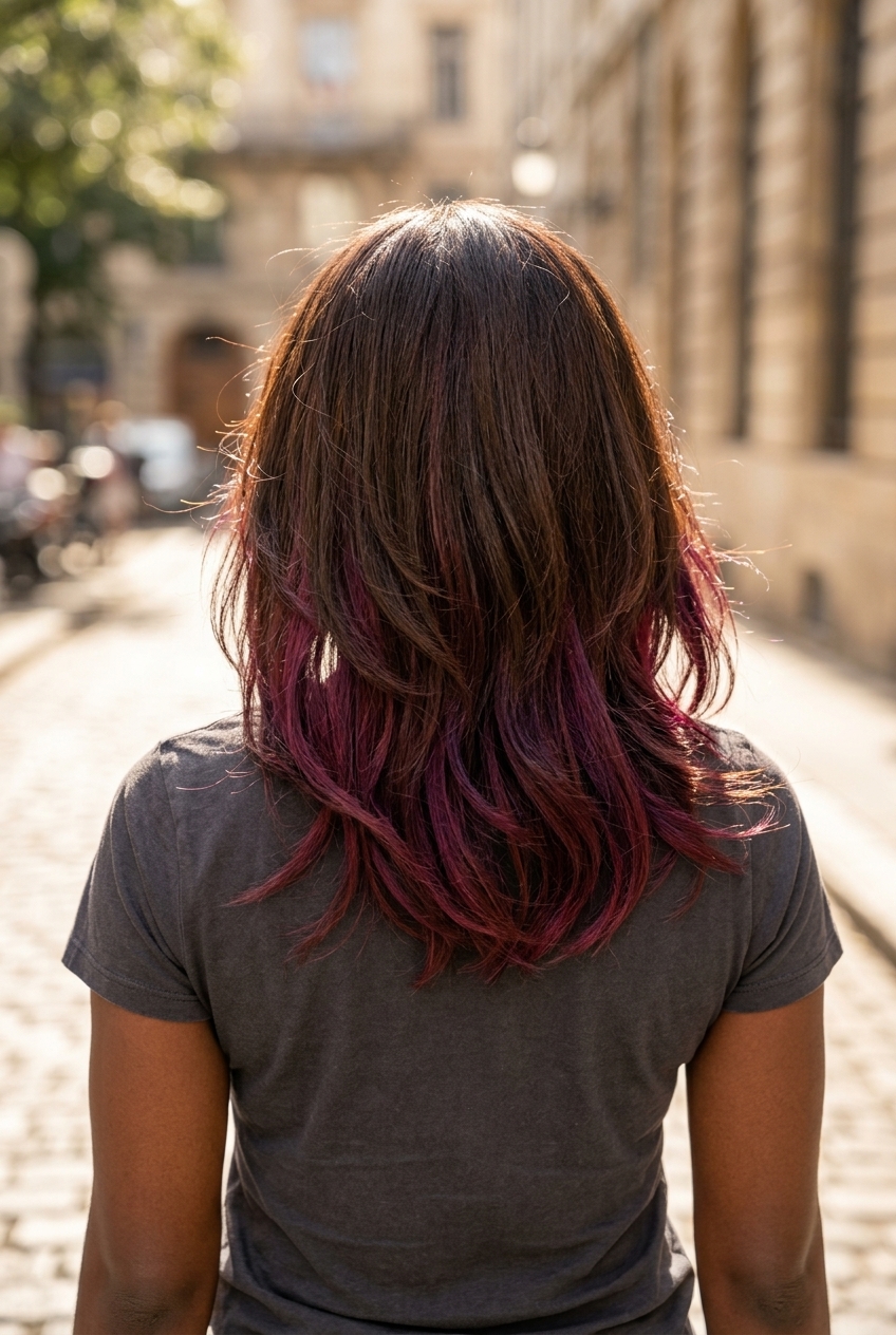 mid-length blunt haircut with berry burgundy peekaboo color, dark violet undertones for festivals