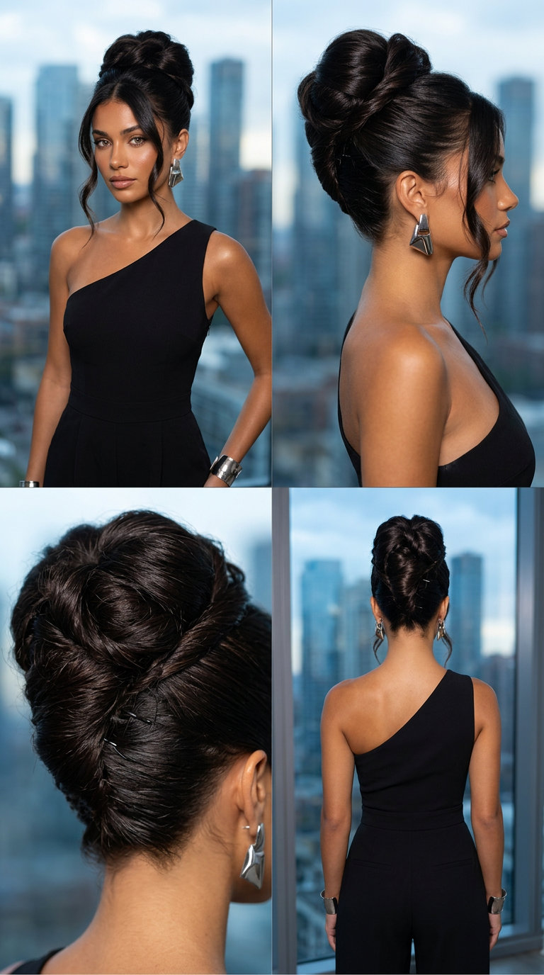 Modern Empress Updo 2026 long glossy black-brown twisted updo with high volume and sculpted shape for a formal event
