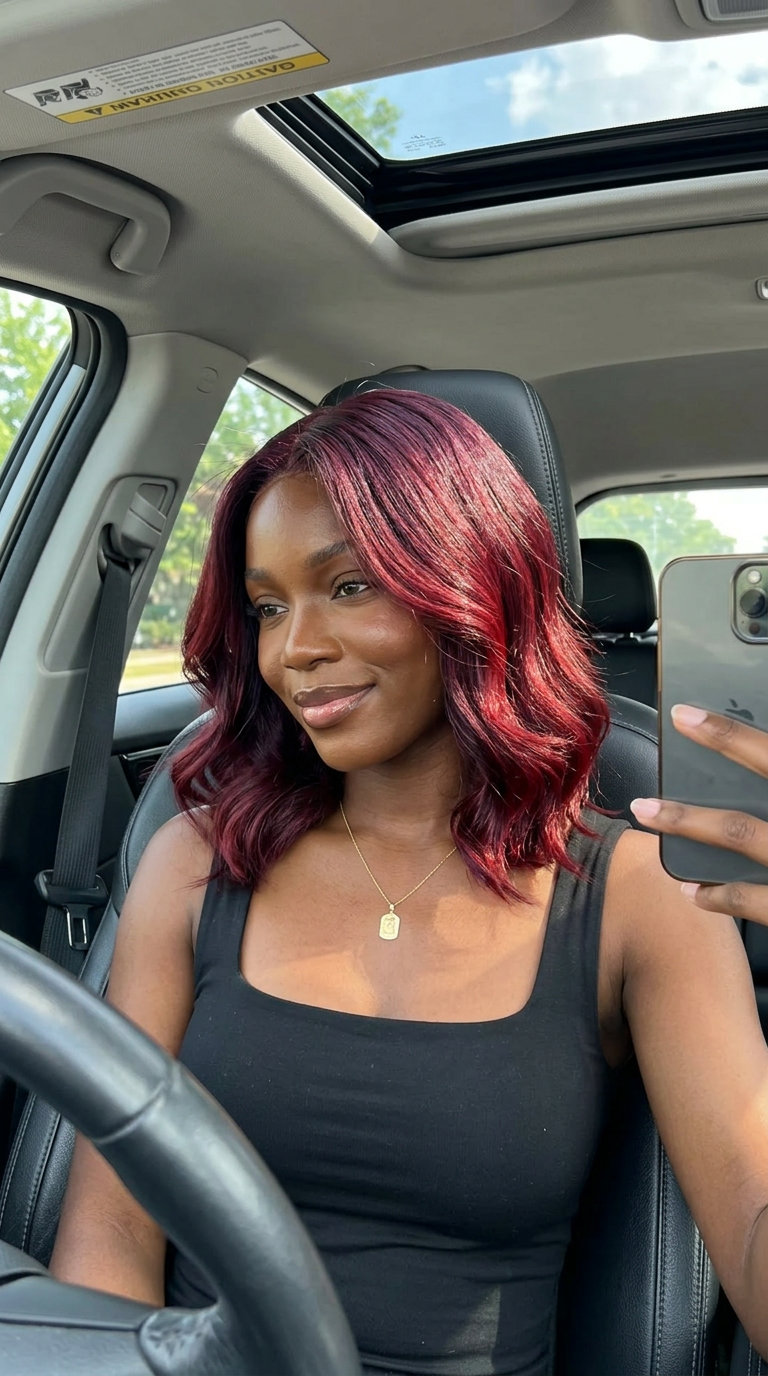 Black Cherry Color Melt: Bold Summer Hair Color 2026 long black cherry to crimson color melt with rich violet-red tones for evening