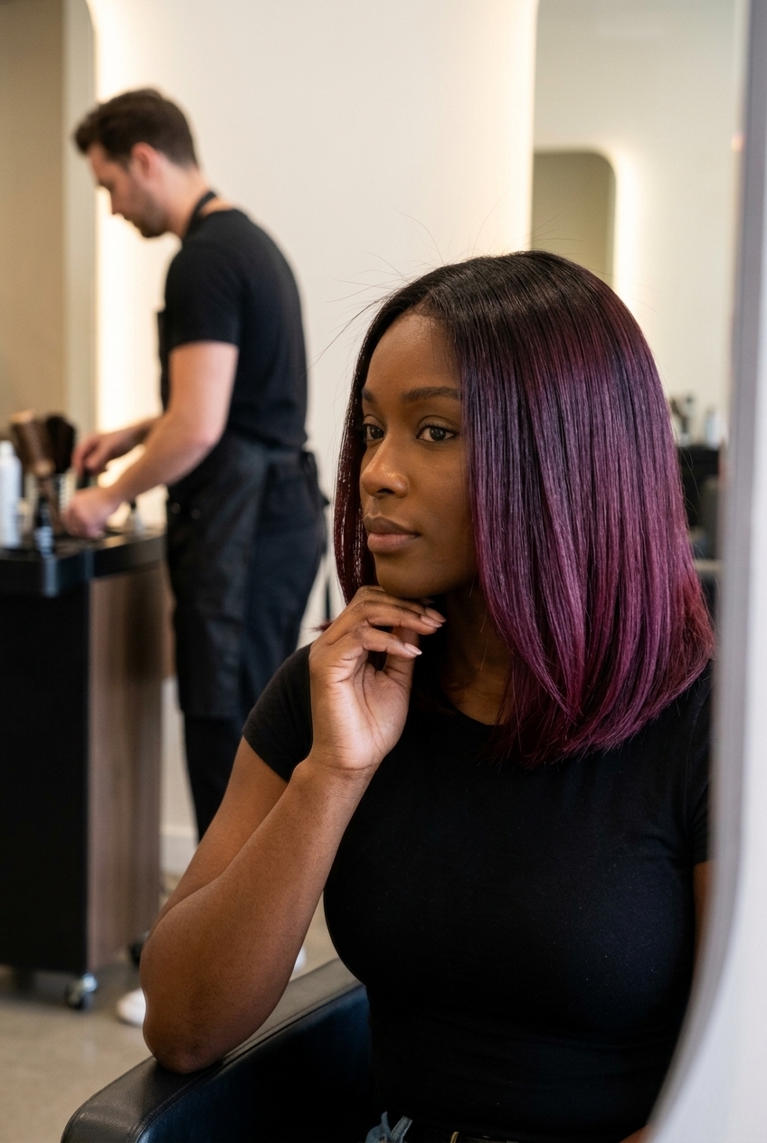 Black Cherry OmbrΓ© for Dark Skin 2026 long layers black cherry ombrΓ© with violet-red ends, dramatic transition β edgy vibrant mood