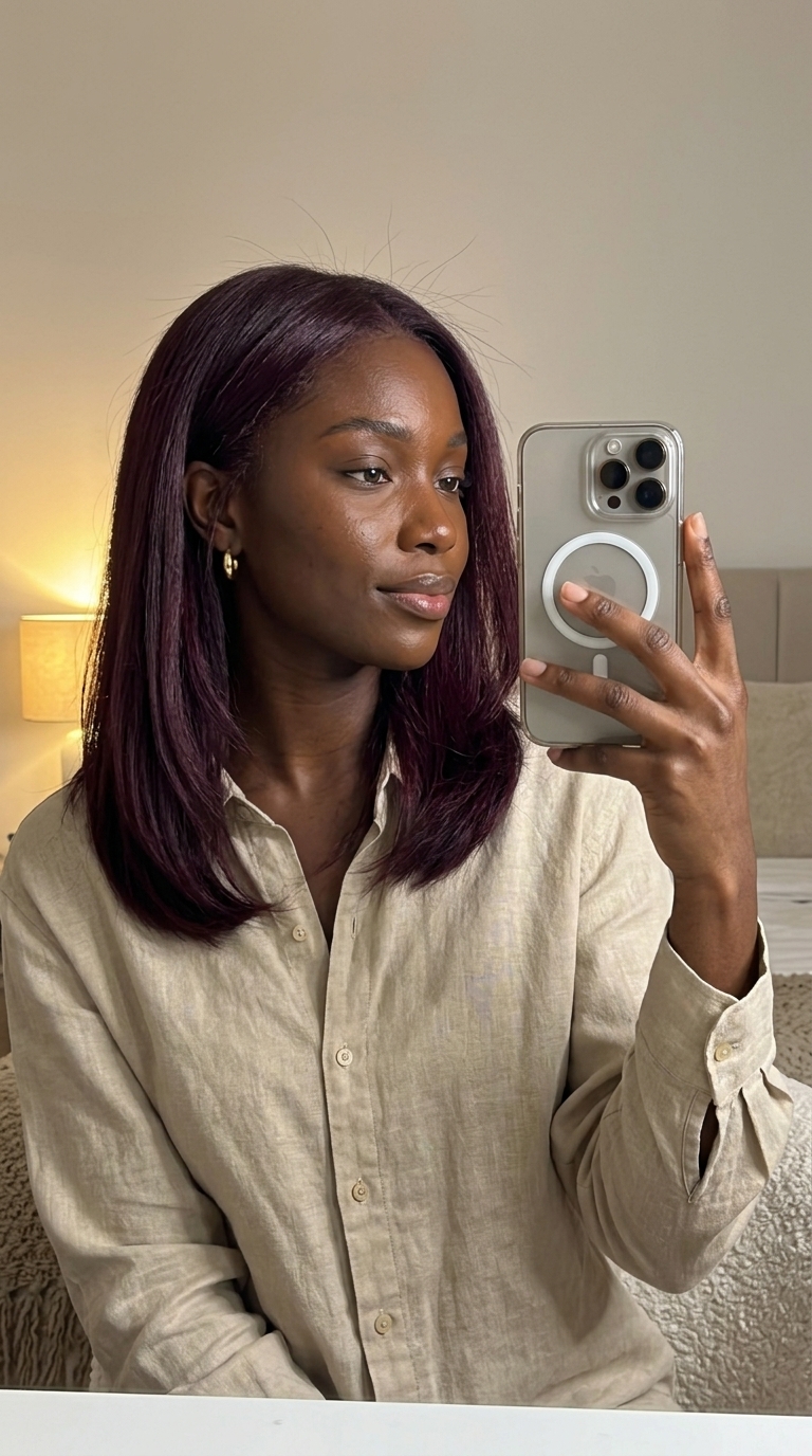 long solid black cherry haircut with deep violet-red, root-to-tip application for date night
