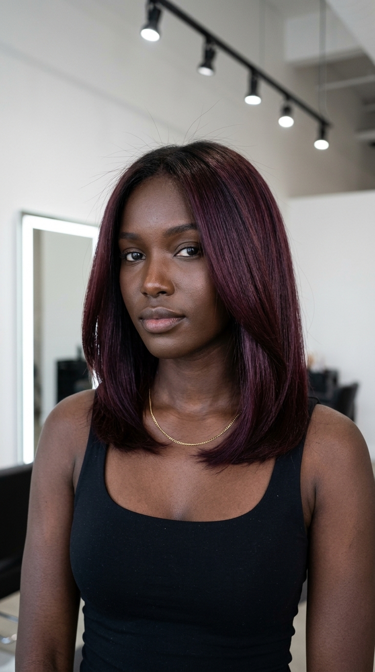 mid-length sleek haircut with black cherry shadow root, violet-red tones for date nights