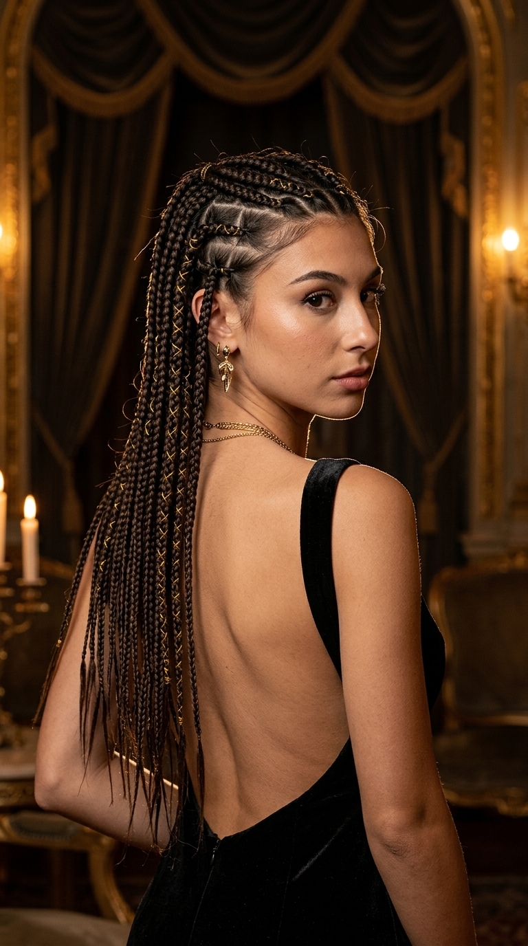 long knotless braids with natural black and gold thread, blunt cut ends, no fringe — futuristic summer style