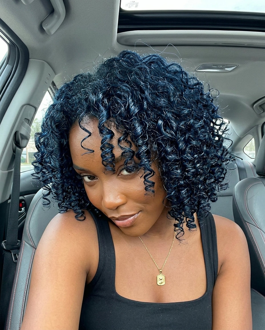 Edgy Blue-Black Asymmetrical Curly Bob 2026 chin-length curly bob haircut with blue-black color, asymmetrical design, and blunt perimeter for edgy styles