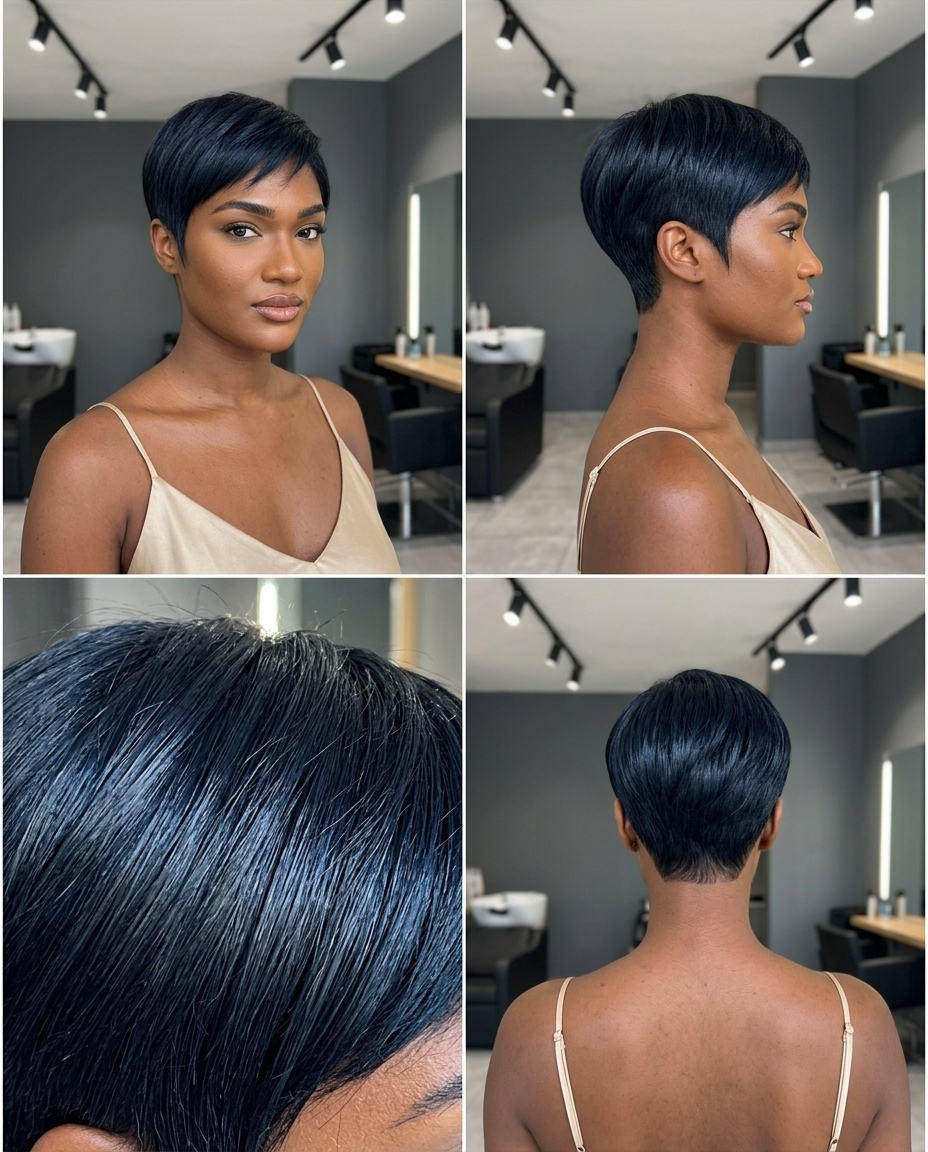 Midnight Noir Pixie 2026: Edgy Blue-Black Gloss very short pixie haircut in deep blue-black with high gloss, sharp edges, tapered sides β sophisticated formal event style