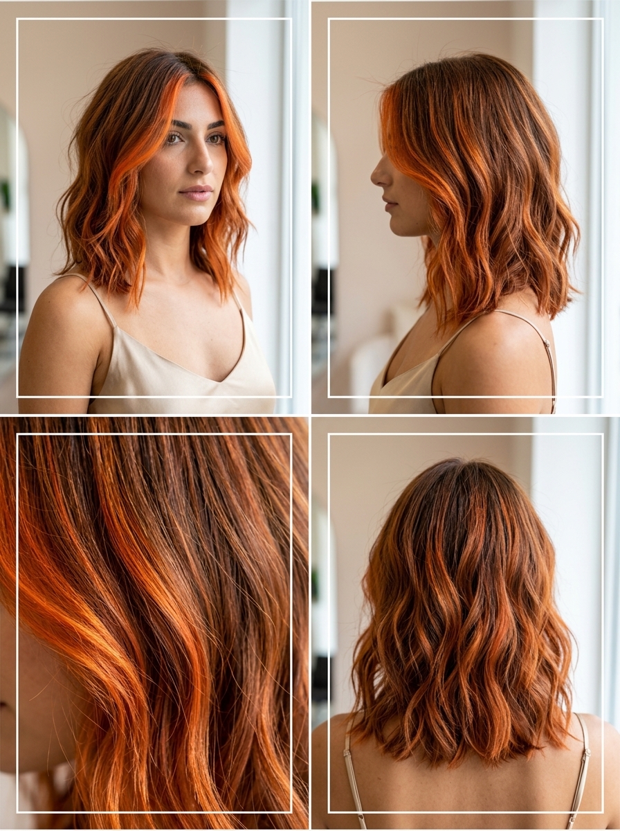 long bright copper balayage with fiery orange, hand-painted technique for festival