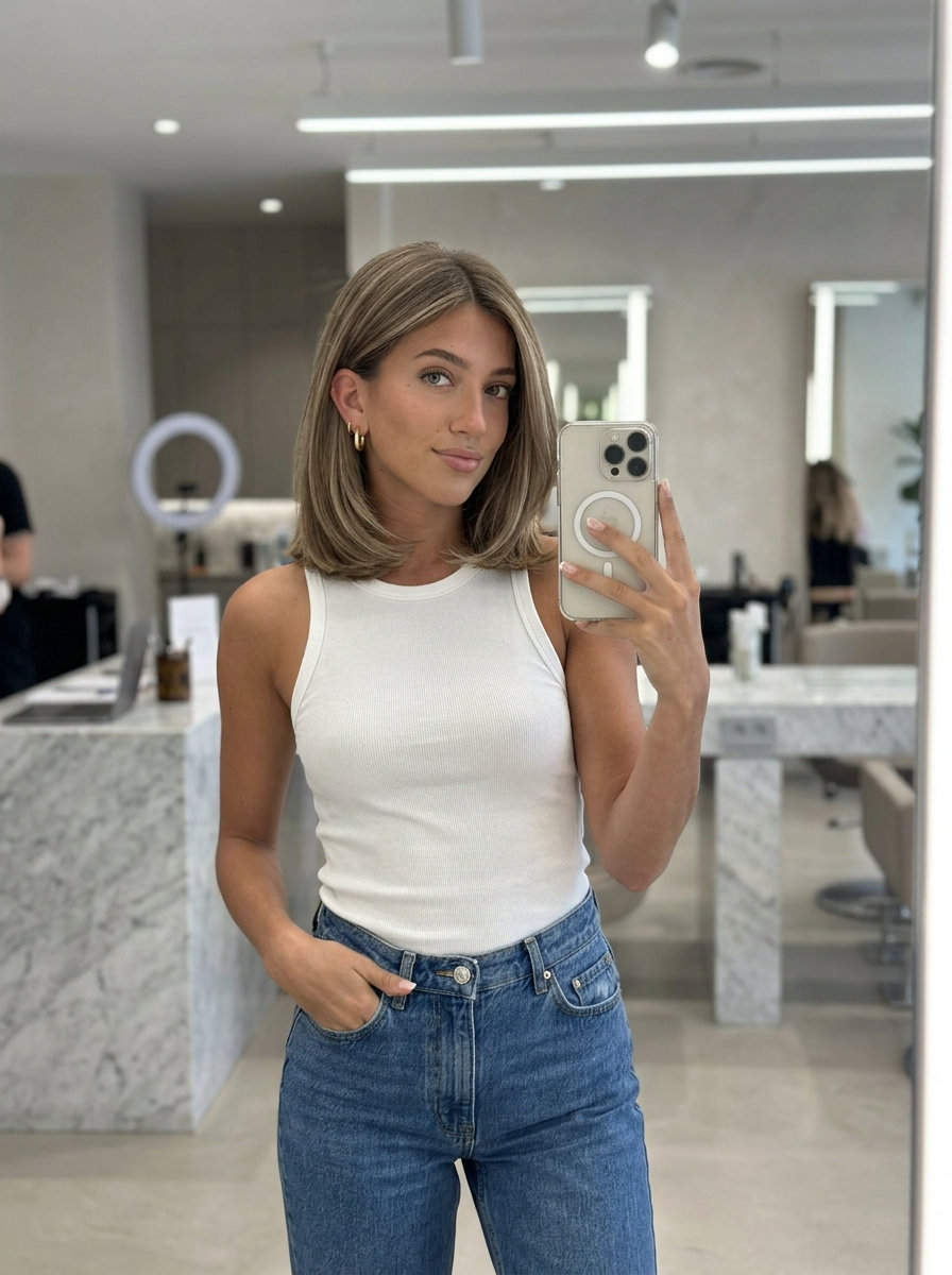 collarbone-length bob haircut with cool bronde & beige highlights, internal ghost layers for round face