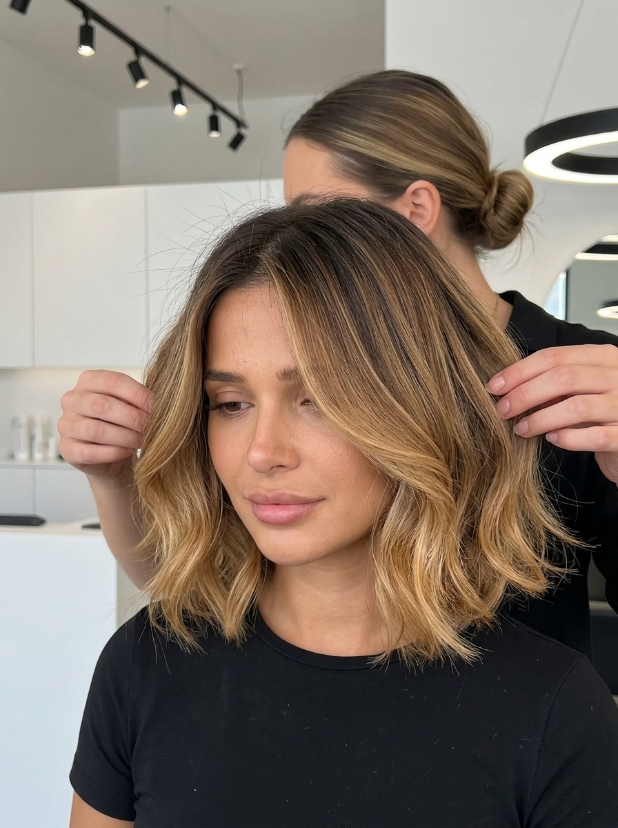 Soft Ombré French Bob 2026 short french bob with deep brown to caramel blonde ombré, honey ends and soft A-line for soft mood