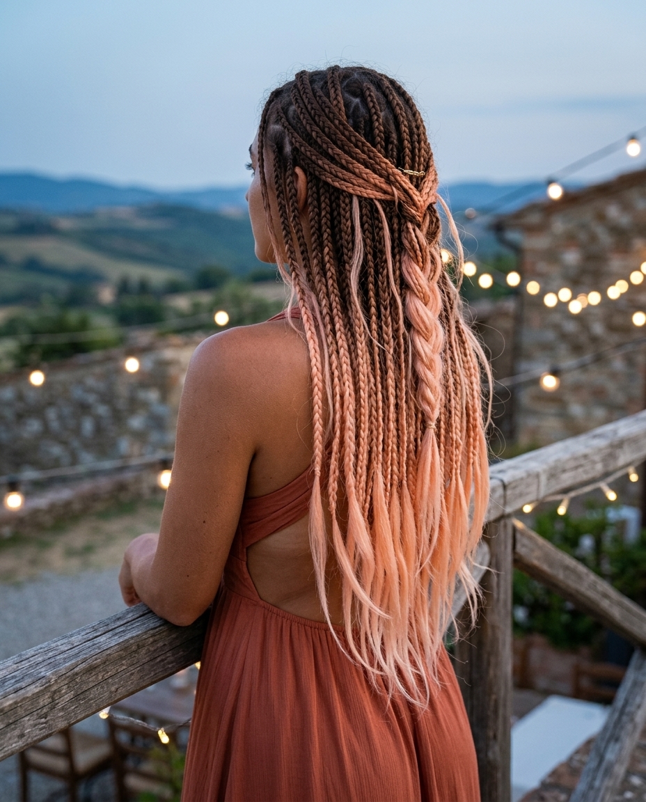 long knotless braids in warm brown to peach ombré for romantic vacation style