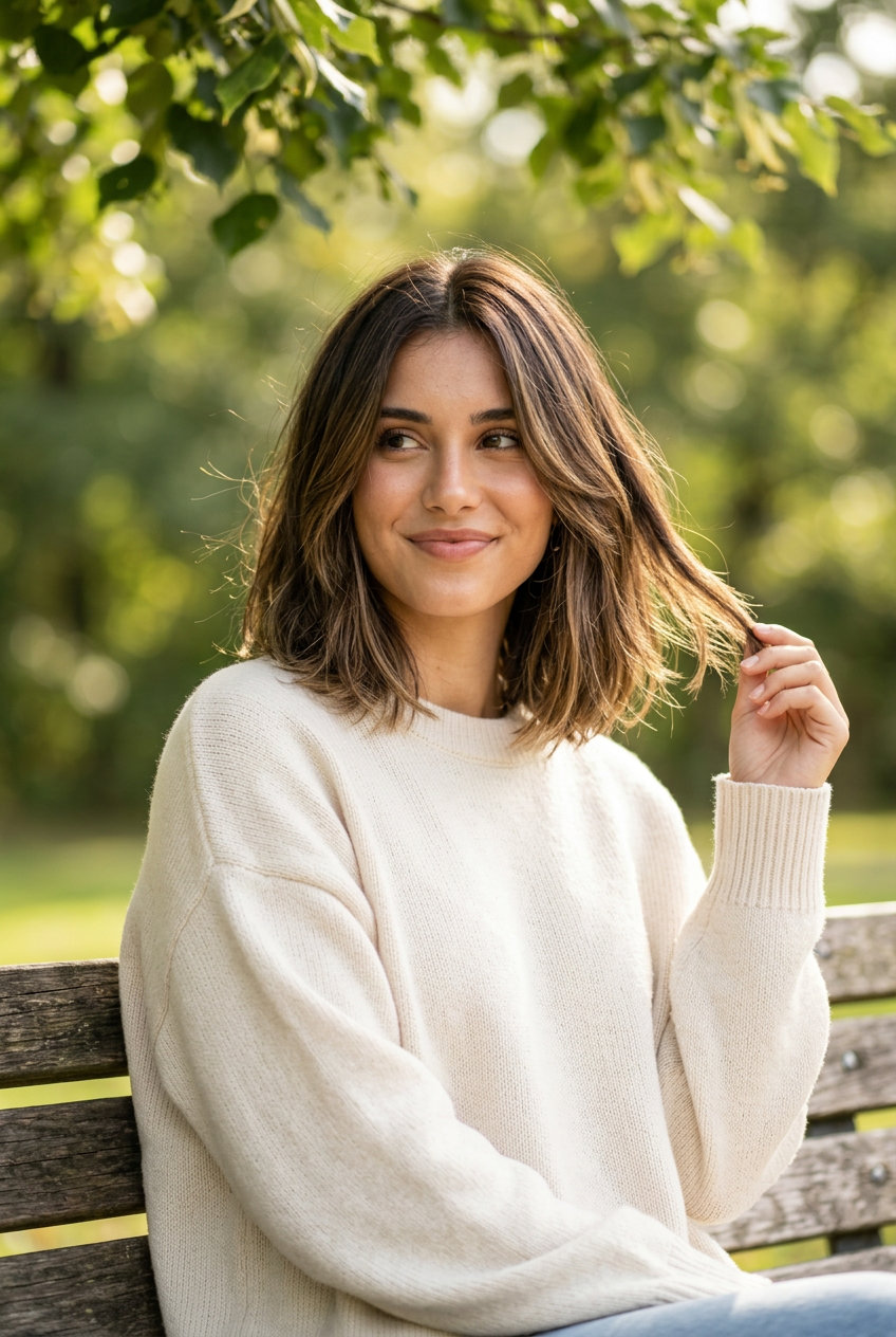 medium lob haircut with natural brunette caramel balayage, long subtle layers, soft face-framing pieces β casual beachy style