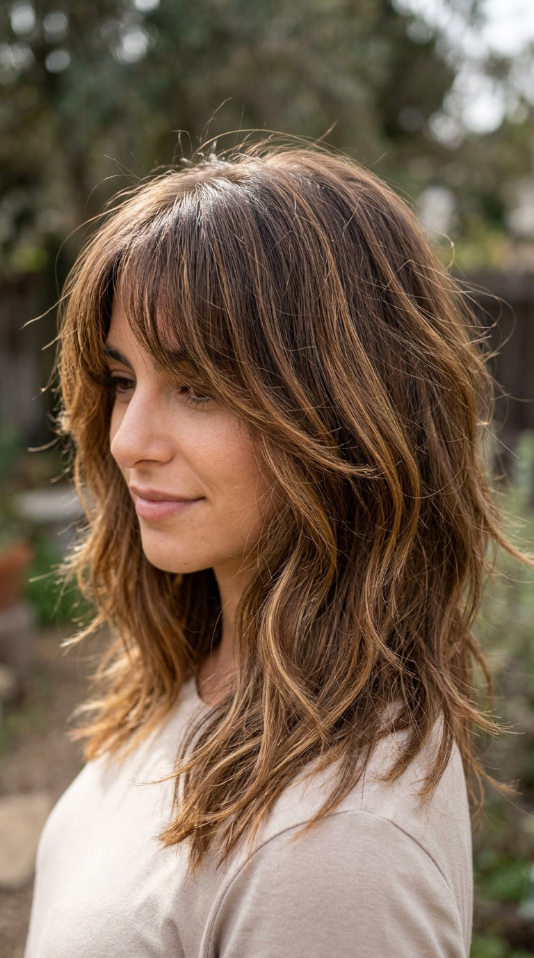 Sun-Kissed Shag Midi 2026: Caramel Balayage & Bangs medium shag haircut with sun-kissed brunette golden caramel balayage, face-framing layers, curtain bangs β bohemian weekend look