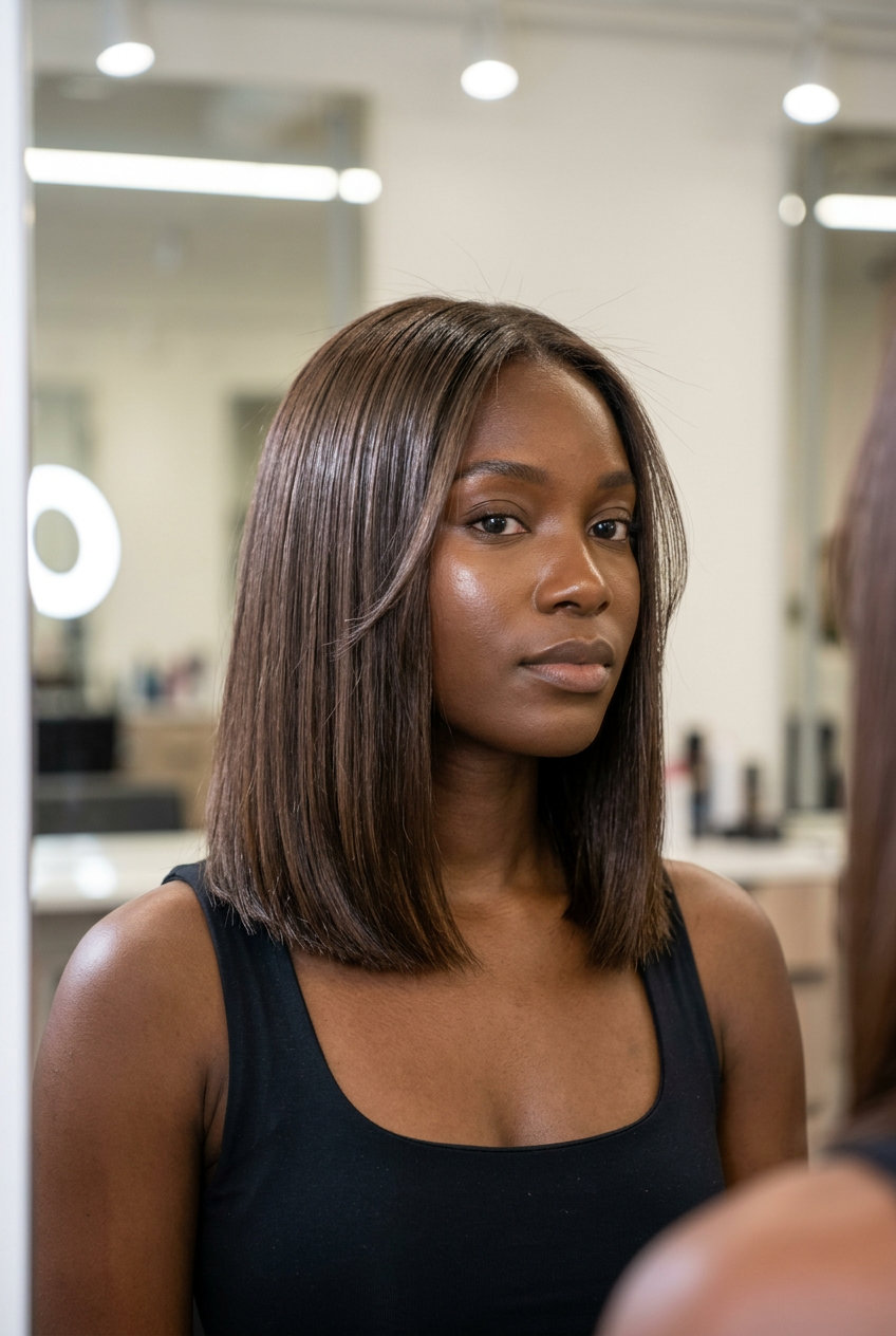 collarbone-length lob haircut with rich brunette & chocolate lowlights, blunt perimeter for round face