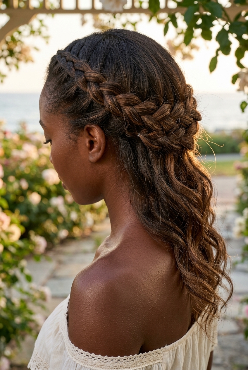 Braided Crown: Romantic Brunette 2026 long natural brunette braided crown with balayage, loose French braids, face-framing tendrils β romantic garden party