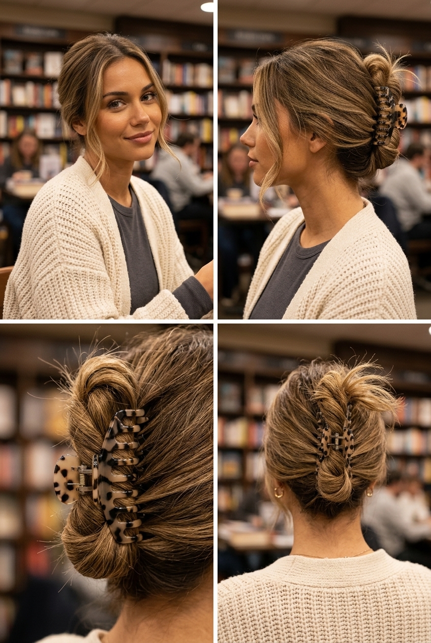 Textured Claw Clip Updo 2026 long claw clip updo with brunette hair, textured loop, face-framing pieces β modern casual effortless