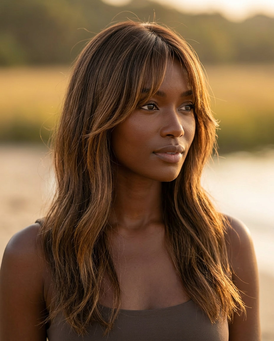 Caramel Balayage Long Hair with Bottleneck Bangs 2026 long natural brunette with caramel balayage and bottleneck bangs for summer