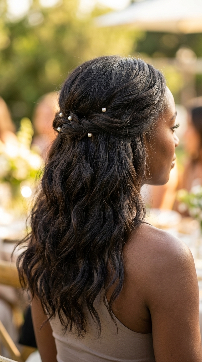 Romantic Brunette Half-Up 2026 long brunette half-up with caramel highlights and pearl pins for summer