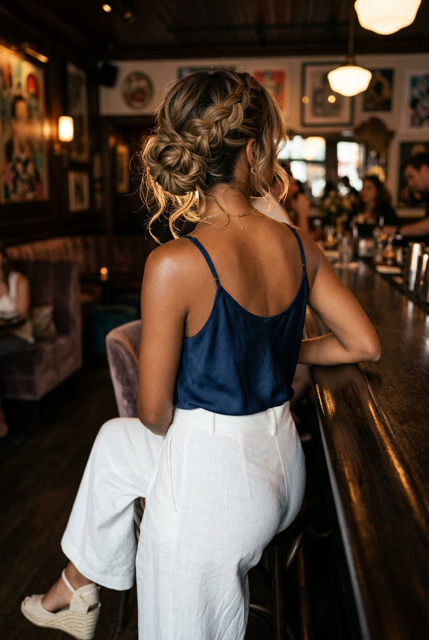 Effortless Riviera Knot Updo 2026 long messy knot updo with brunette hair, subtle highlights, face-framing tendrils β casual chic vacation
