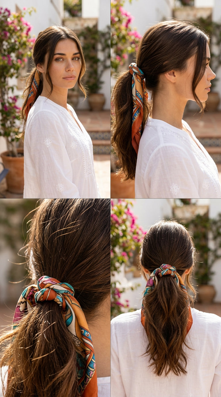 Boho Scarf Ponytail 2026 long natural brunette boho scarf ponytail with subtle highlights, relaxed texture, face-framing pieces β weekend chic