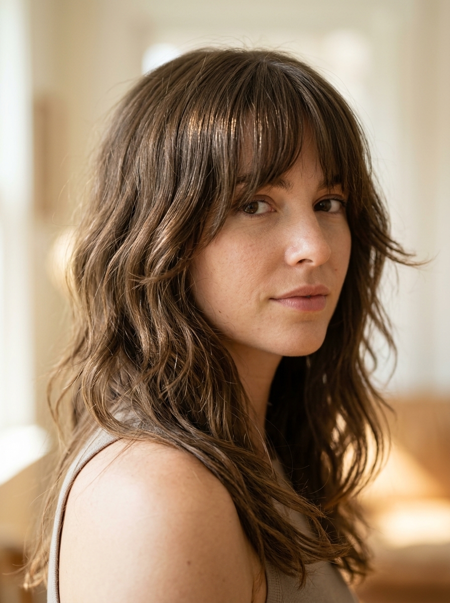 ribcage-length shag haircut in natural brunette with caramel lowlights and Birkin bangs for vintage chic