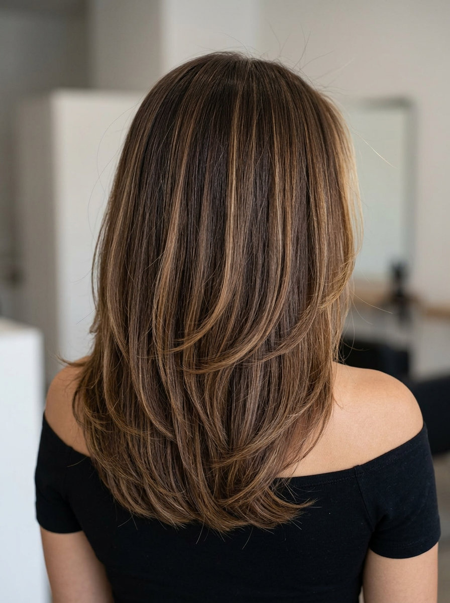 The Contour Midi: Summer Haircut 2026 medium haircut in natural brunette with caramel balayage, honey money pieces, C-shaped layers β soft romantic style