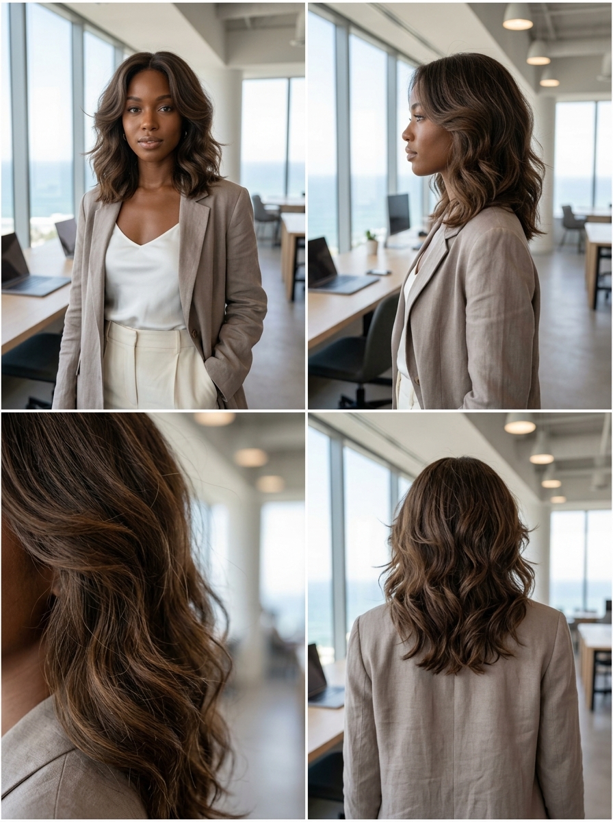 medium natural brunette kitty cut waves hairstyle with soft volume, rounded layers, no fringe — effortless casual