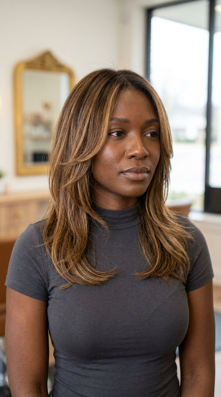 medium-long butterfly shag haircut in natural brunette with caramel honey balayage and face-framing layers for summer