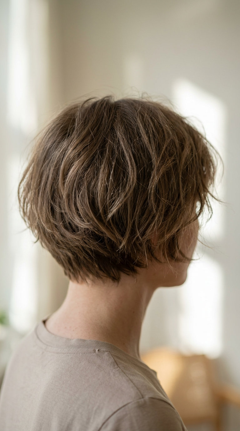 short textured pixie-bob with natural brunette and tousled finish for summer 2026