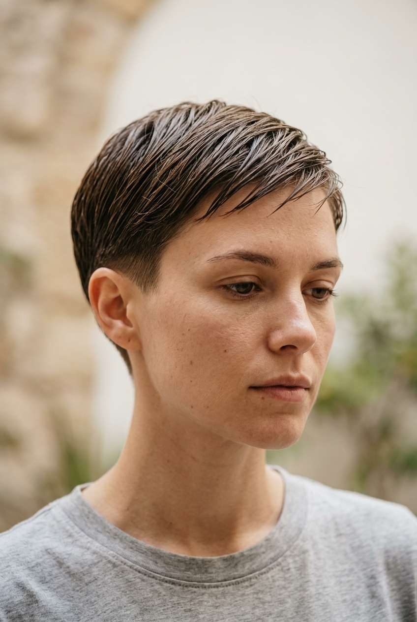 Hydro Crop Pixie 2026: Sleek Deep Brunette very short pixie haircut in deep brunette with clear gloss, undercut, sharp perimeter β minimalist beach day style