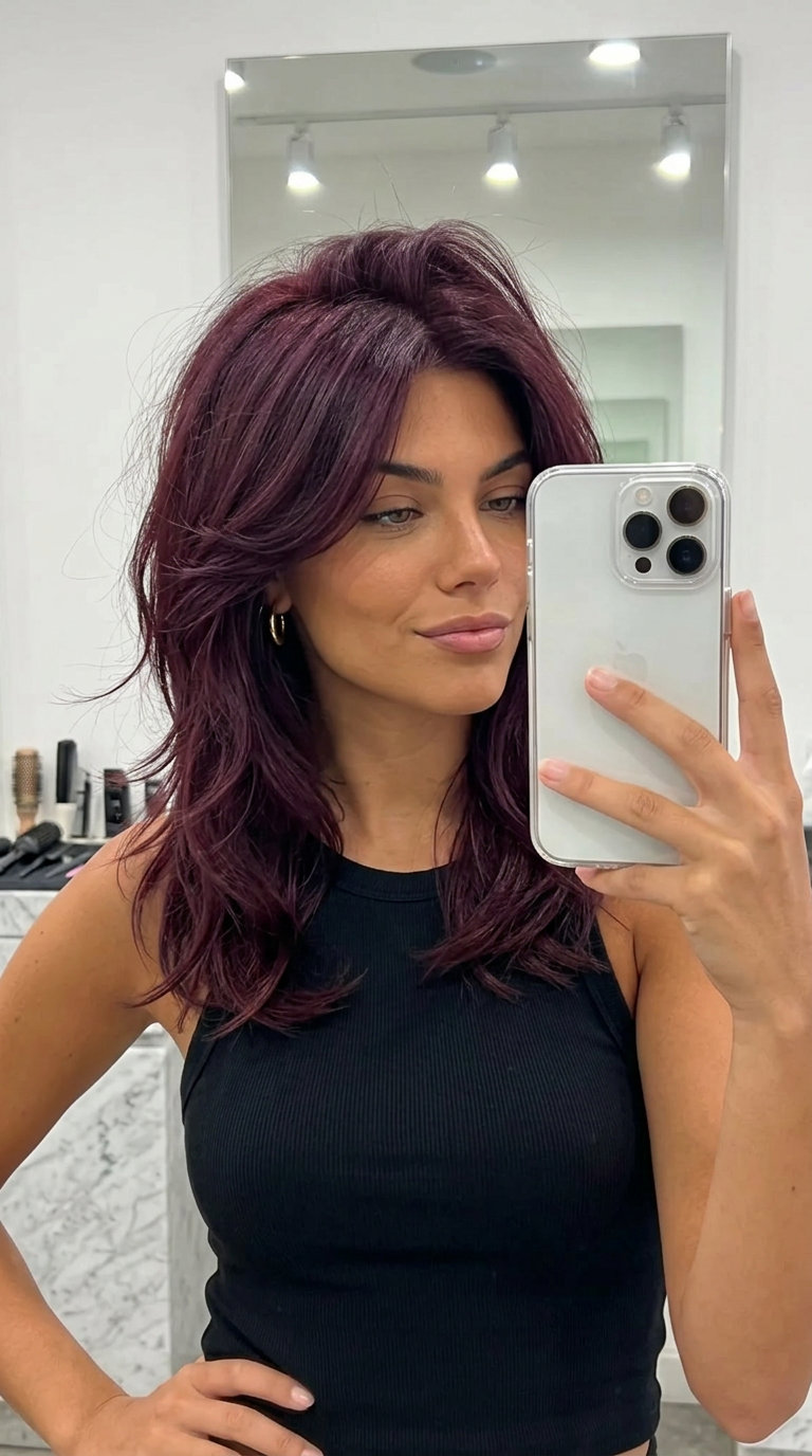 collarbone wolf cut in deep burgundy with point-cut layers for summer