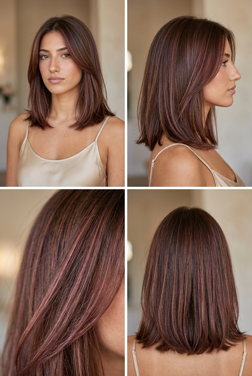 long layered soft burgundy babylights on dark brown base for summer