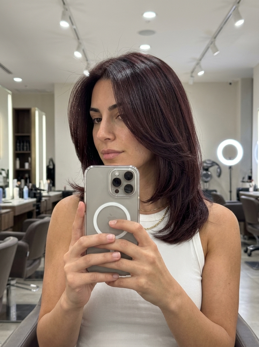 long subtle layers gloss with deep burgundy color, crown gloss technique, no fringe — elegant sophisticated