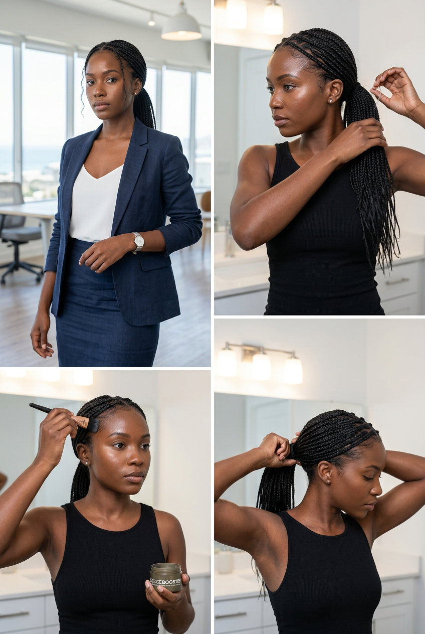Low Knotless Braid Ponytail: Chic Summer Style 2026 long natural hair knotless braid ponytail with burgundy, gold cuff for summer