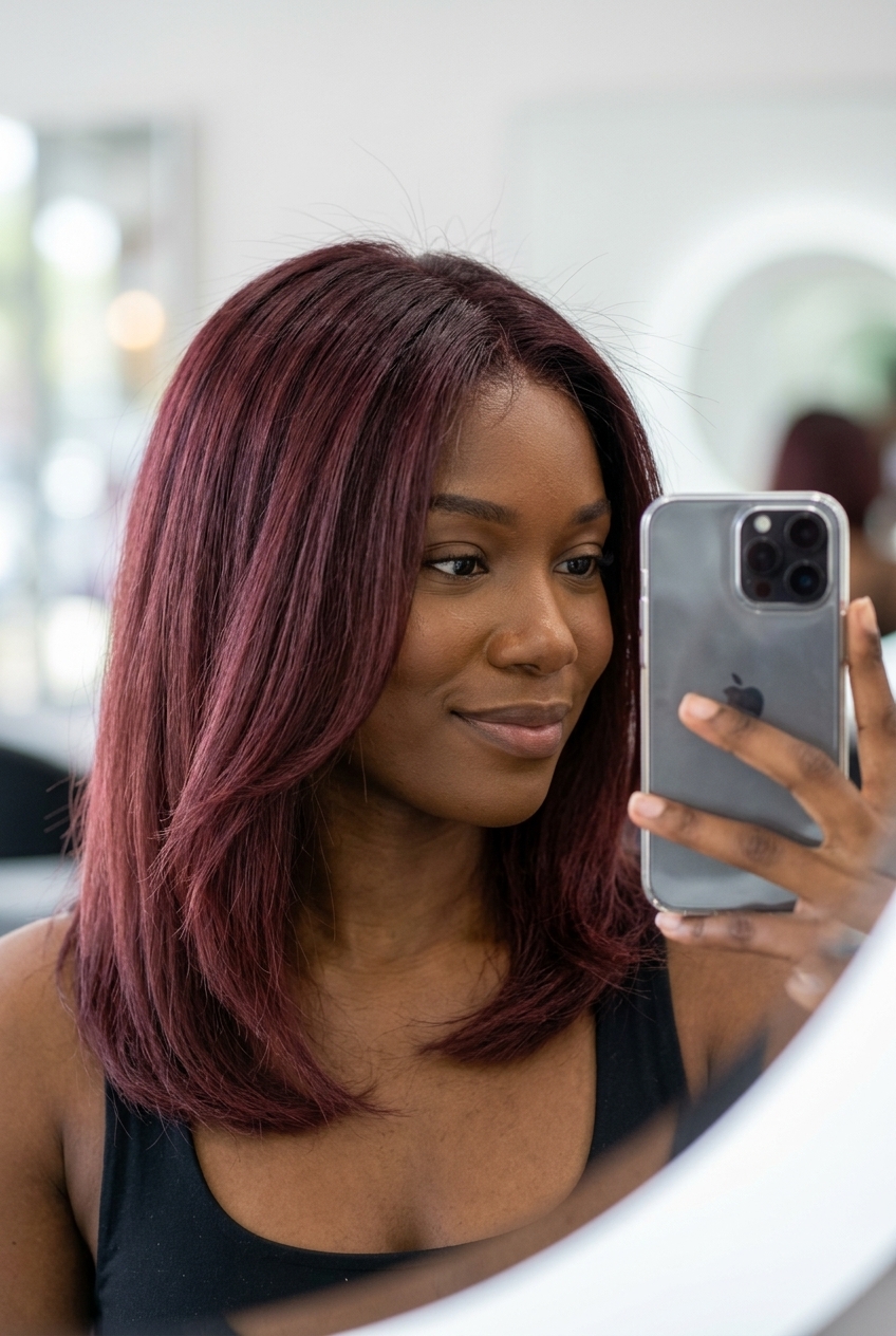 medium layered haircut with deep wine burgundy root smudge, soft natural blend for daily wear