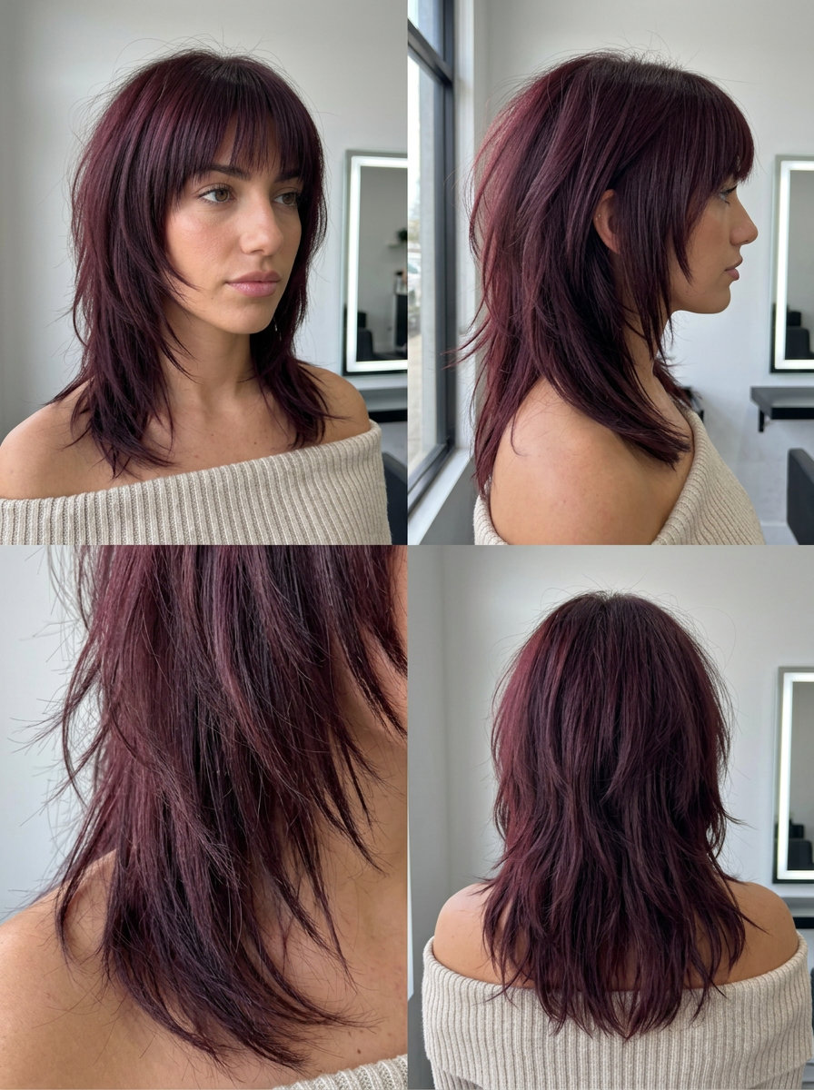 shoulder-length shag haircut with deep burgundy, violet undertones, blunt fringe — edgy, bold