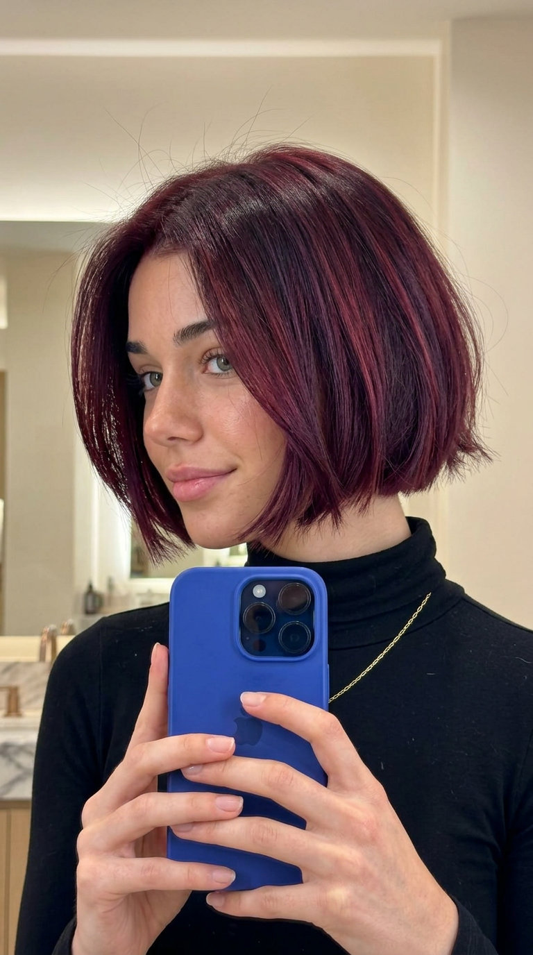 short violet-red italian bob with deep burgundy hue, razored perimeter, no fringe — dramatic evening