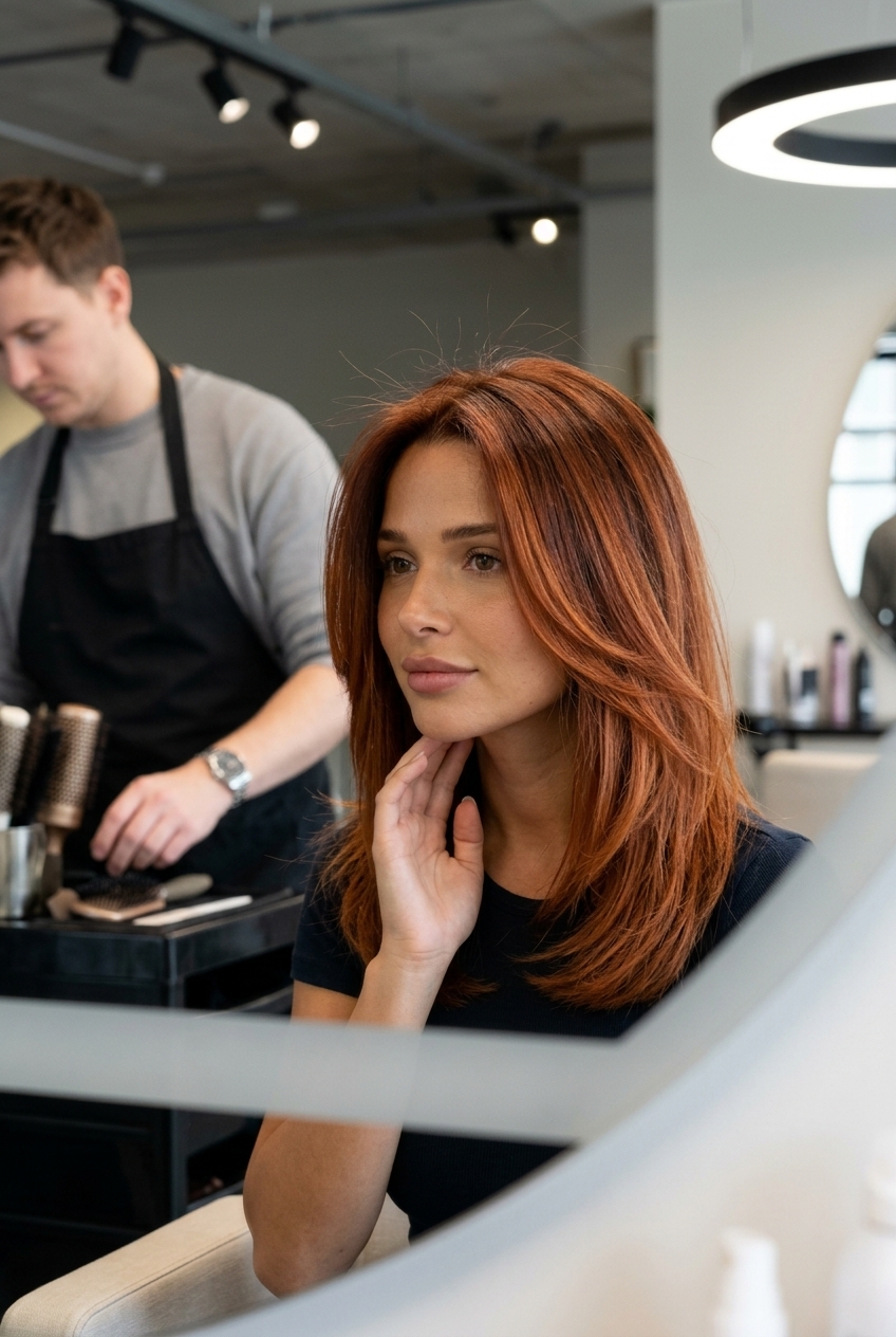 long burnt sienna copper balayage with deep red-brown base, hand-painted, no fringe — earthy autumn chic