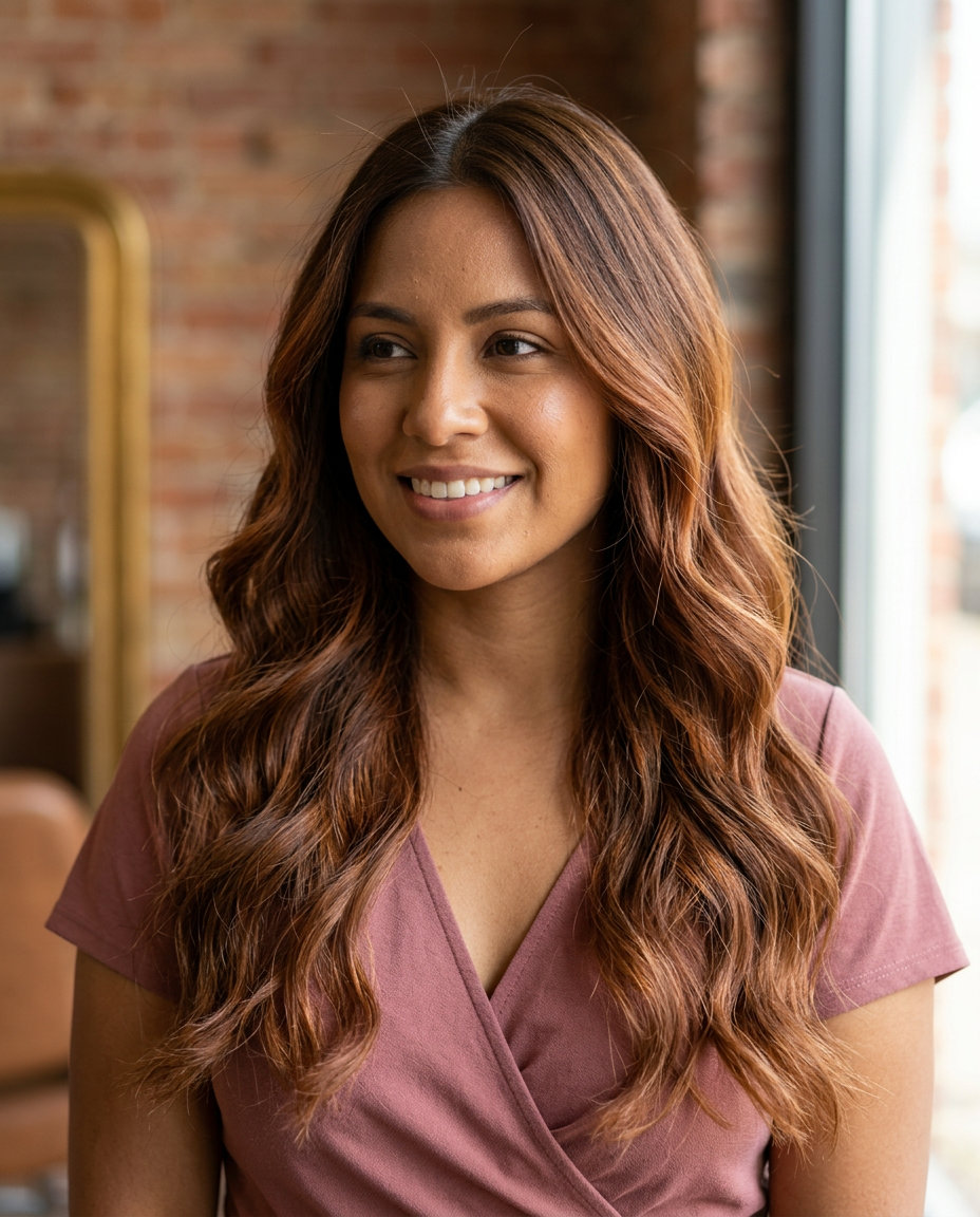 long layered haircut with burnt sienna auburn balayage and chin-length face-framing layers