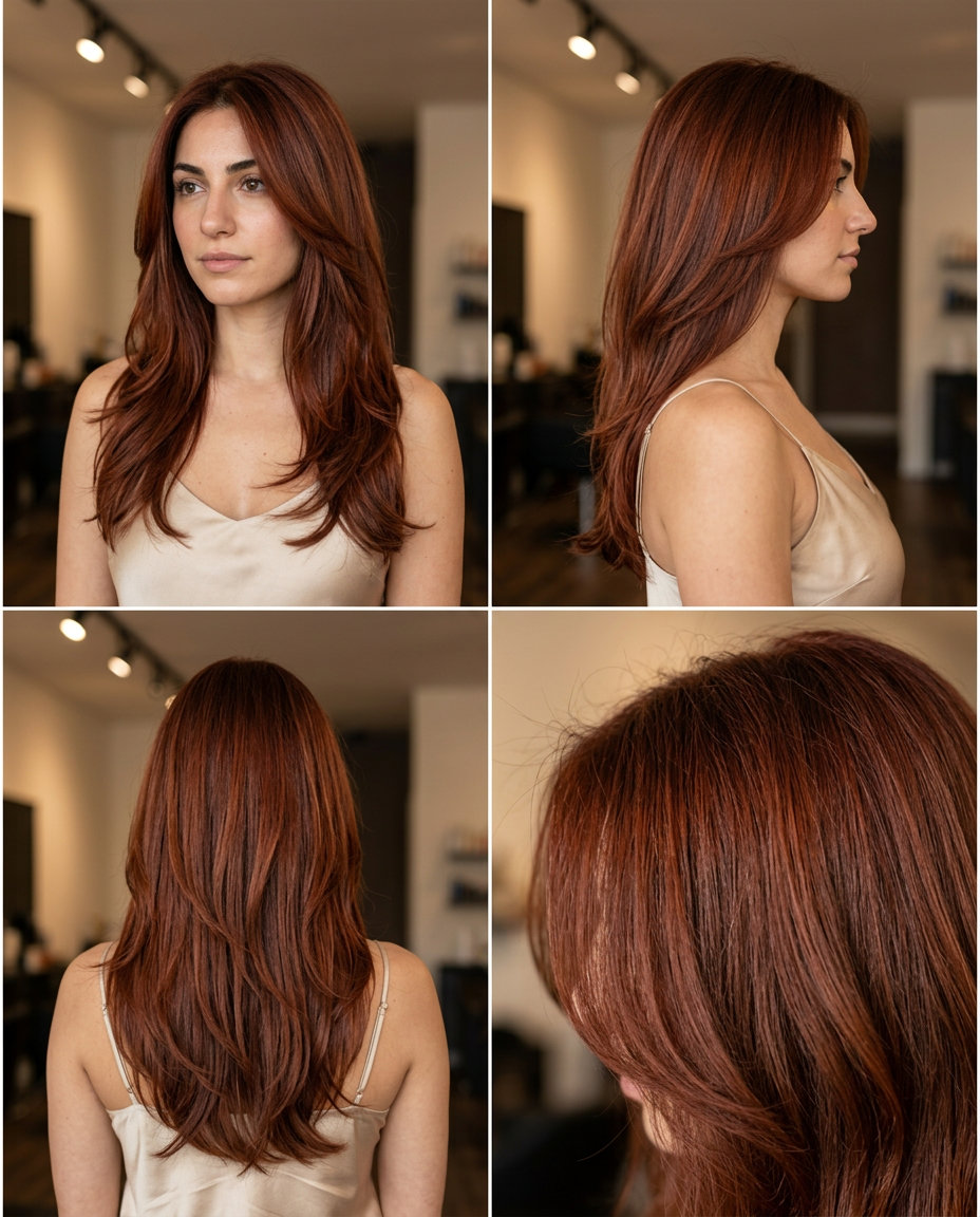long layered haircut burnt sienna auburn with mahogany undertones and face-framing layers for weddings