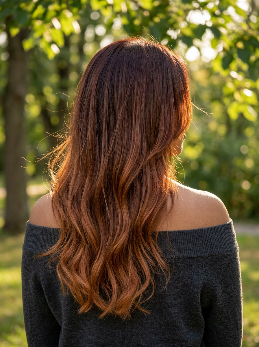 long layered haircut with burnt sienna auburn ombré and soft face-framing layers