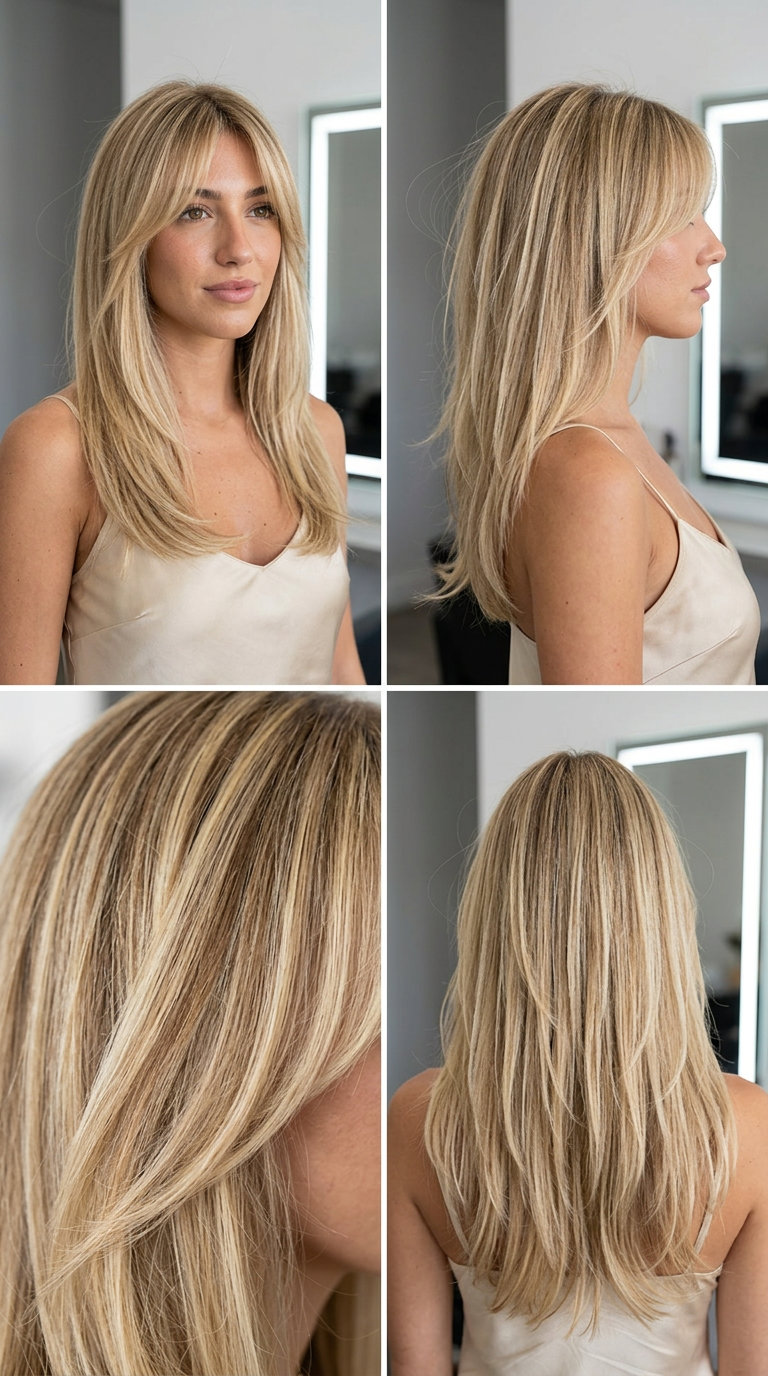 long shag haircut in butter cream blonde with soft layers and feathered curtain bangs for beach vacation