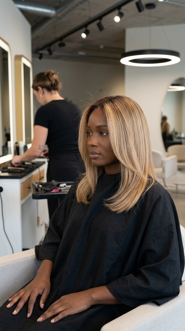 Butter Toffee Root Smudge for Dark Skin 2026 long layers butter toffee blonde with root smudge, soft blend β sun-kissed effortless mood