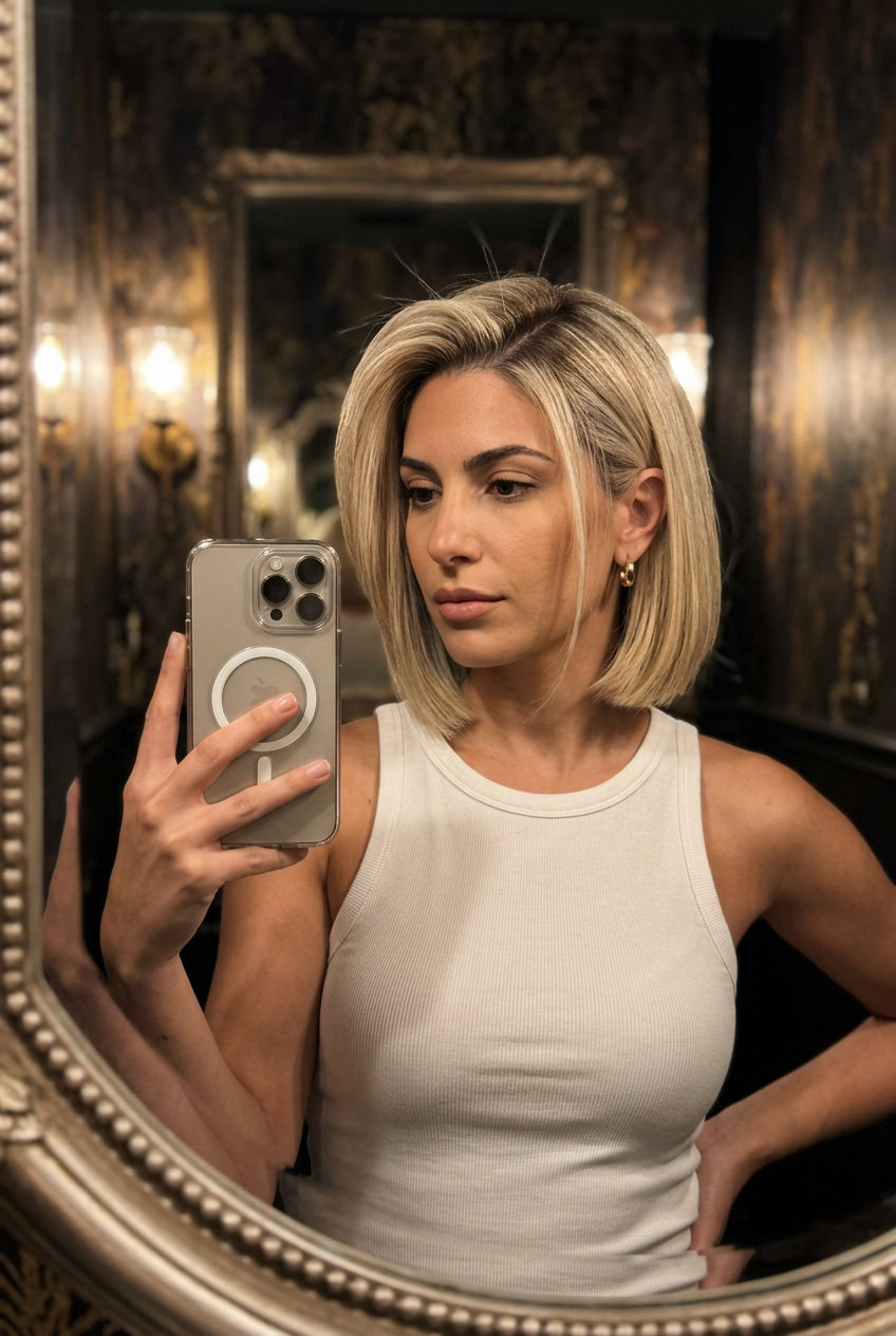 chin-length bob haircut in Buttercream Blonde with golden babylights, deep side part, blunt ends — minimalist summer style