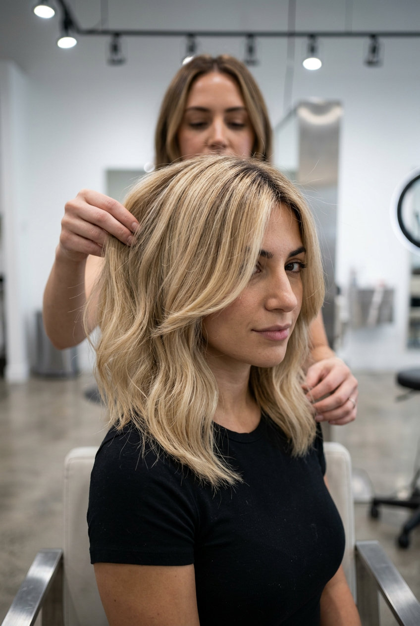 collarbone-length haircut in Buttercream Blonde with honey babylights, dark vanilla root, face-framing layers — effortless summer style